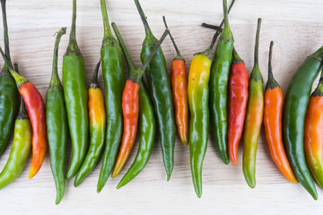 Hot Chilli Peppers isolated on wood board background, close up. Selective focus