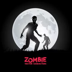 Fotobehang A couple of decaying flesh eating zombies silhouetted against the rising moon. Vector illustration © James Thew