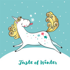 Winter card with cute unicorn and snowflakes.