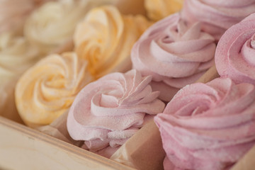 Many delicious sweet biscuit meringue with an air cream of different colors in box for sale, inside a sweet shop