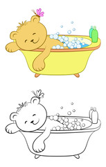 Naklejka premium Cartoon Teddy Bear Washes in the Bath, Soap Bubbles, Shampoo, on the Ear - Butterfly. Color Version and Black Contours Isolated on White Background. Vector