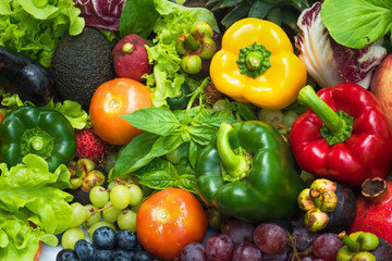 Tropical fresh fruits and vegetables organic after washed, Arrangement different vegetables organic for eating healthy and dieting