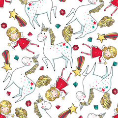 Hand drawn seamless pattern with Unicorn and Fairy.