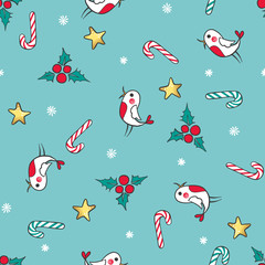 Hand drawn Christmas seamless pattern with cute bird, mistletoe and candy.