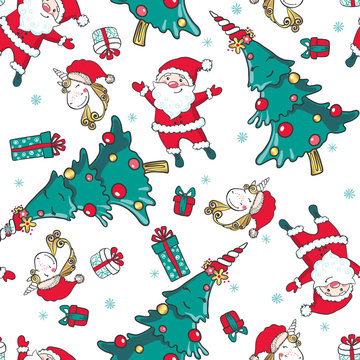 Hand drawn seamless pattern with Unicorn, Santa Claus and Christmas tree.