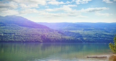 Scenic view of river and mountains against sky