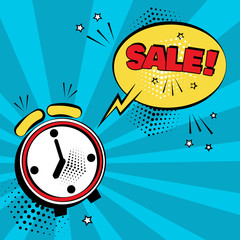 Alarm clock with yellow comic bubble with SALE word on blue background. Comic sound effects in pop art style. Vector illustration.