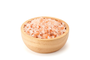 Fototapeta na wymiar Pink Himalayan salt in wooden bowl