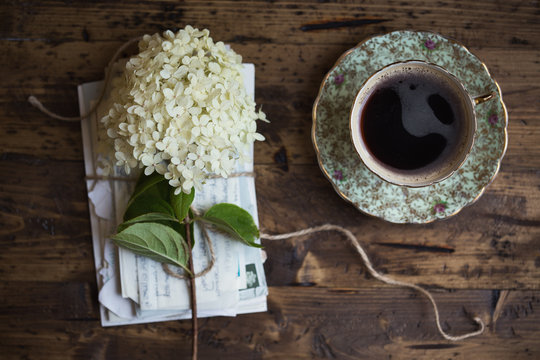 Coffee and letters, overhead view