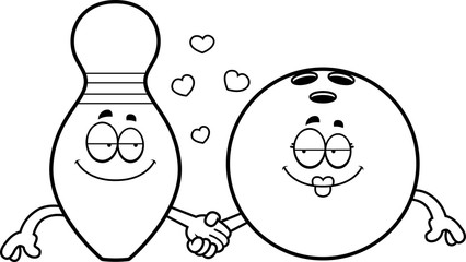 Cartoon Bowling Ball and Pin Holding Hands