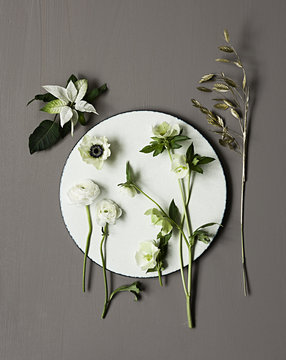 White and golden flowers on plate with grey background