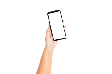 Hand holding cell phone blank on white screen and white background , Clipping path hand holding