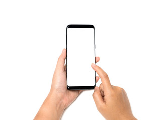 Hand holding cell phone blank on white screen and white background , Clipping path hand holding