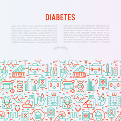 Diabetes concept with thin line icons of symptoms and prevention care. Vector illustration for background of medical survey or report, for banner, web page, print media.