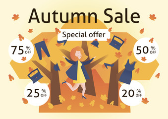 Autumn sale, colorful vector illustration for promotion coupons. Icons, discount tags. Girl, park, leaves, trees. Collection of clothing. Can be used for flyers, banners or posters.