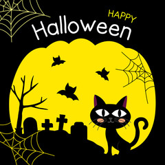 Cute Happy Halloween design concept with sitting black cat with flying bats above cemetery silhouette background for poster, banner, party invitation, greeting card. Vector Illustration.
