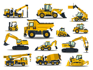 Big set of construction equipment. Special machines for the construction work. Forklifts, cranes, excavators, tractors, bulldozers, trucks. Special equipment. Road repair. Commercial Vehicles. - obrazy, fototapety, plakaty
