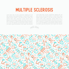 Fototapeta premium Multiple sclerosis concept with thin line icons of symptoms and treatments: disorientation, heredity, neuron myelin sheaths, vitamin D. Vector illustration for banner, web page.