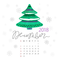 Calendar 2018. First day of the week is Sunday. Abstract vector watercolor green New Year tree, fallen snowflakes. Winter weather template. December ink lettering.