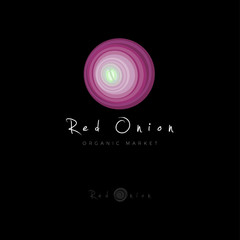   Red onion icon. Organic Market logo. Vegetarian restaurant emblem. Red onion and letters on a dark background.