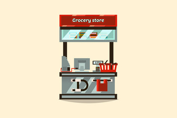 Supermarket cash register. Payment point commodity products. The interior of the store. Computer monitor. Exit the store. Control, pass the turnstile. Packages basket. Vector illustration