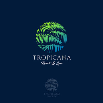 Tropicana logo. Resort and Spa emblem. Tropical cosmetics. Beauty. Palm leaves in a circle.