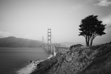 View of San Francisco Bay with Golden Gate bridge in black and white