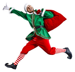 xmas time and green elf  - obrazy, fototapety, plakaty