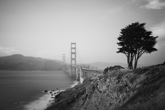 View of San Francisco Bay with Golden Gate bridge in black and white