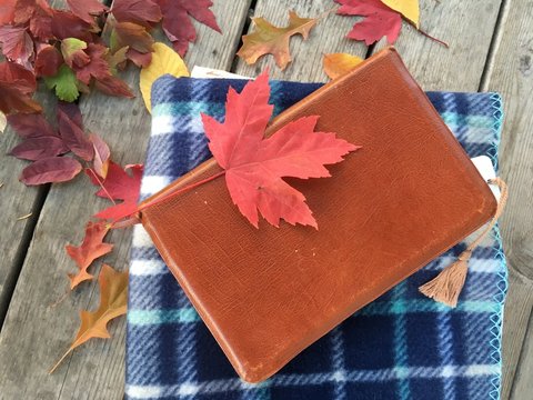 leather bound bible and a blue plaid blanket on an old wooden table top with fallen leaves