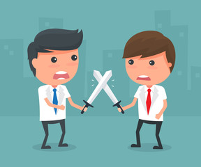 Businessman fighting with sword. Concept of business. Vector illustration