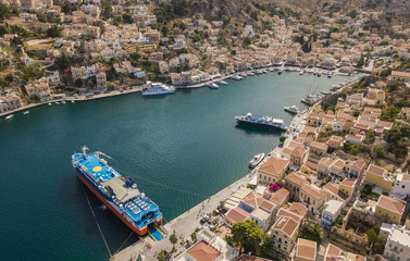 Aerial view of small town with colorful houses on Symi island