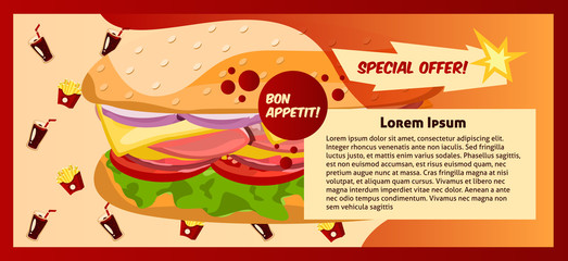 Banner fast food. Choose the menu. Information about the institution, restaurant, cafe. Advertising, flyer for distribution. Appetizing food.