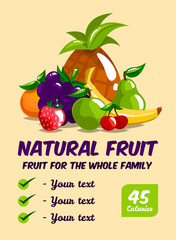 Set of fresh fruits. Calories and useful properties. The poster on the theme of healthy eating for printing. Vegetarianism, taking care of yourself. Juicy, ripe. Vector illustration