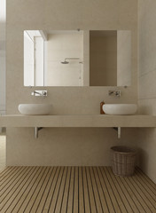 Fototapeta na wymiar Classic bathroom, washbasin with two sinks and mirror, wooden floor, minimal interior design