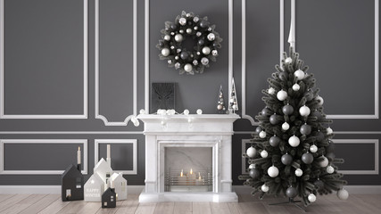 Classic living room with fireplace, Christmas tree and decors, winter, new year scandinavian white and gray interior design