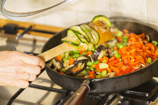 Chopped vegetables on frying pan