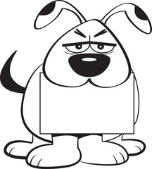 Black and white illustration of an angry dog holding a sign in its mouth.