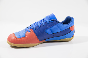 Blue and Red Sneaker on white background, isolated product, footwear.