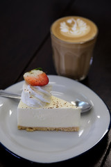 strawberry cheese cake with latte coffee