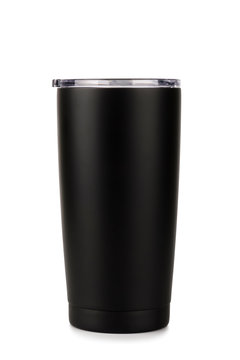 Black thermos bottle, Tumbler glass on white background