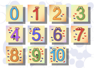 Vector illustration of volumetric figures. The figures are colorful. Each number on a separate background. In the background an abstract background.