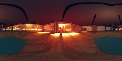 VR 360 Young Woman Doing Seat Forward Pose in Yoga Studio