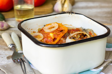 baked vegetables in a pot.