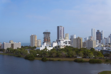 View of the marina and tall apartment buildings in the modern section of Cartagena, Colombia.