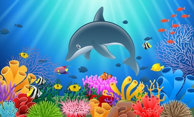 Fototapeta premium Cartoon dolphin with Coral Reef Underwater in Ocean. Vector illustration