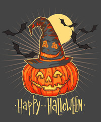 Detailed hand drawn illustration of pumpkin lantern with smiling face, witch hat, bats, full moon. Happy Halloween lettering text. Greeting card poster design.
