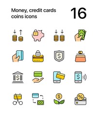 Colored Money, credit cards, coins icons for web and mobile design pack 3