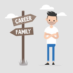 Young specialist making a choice between the career and family. Wooden signpost showing the opposite directions. Decision making. Flat editable vector illustration, clip art