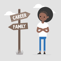 Young female specialist making a choice between the career and family